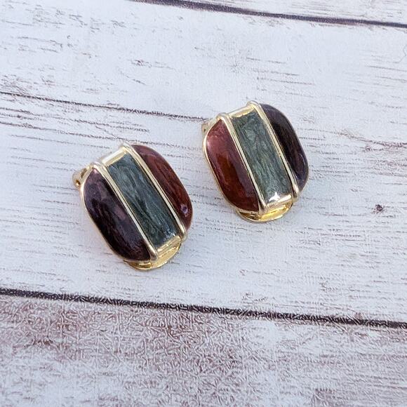 Vintage Clip On Earrings Brown & Green Tones Stylish - Picture 4 of 6